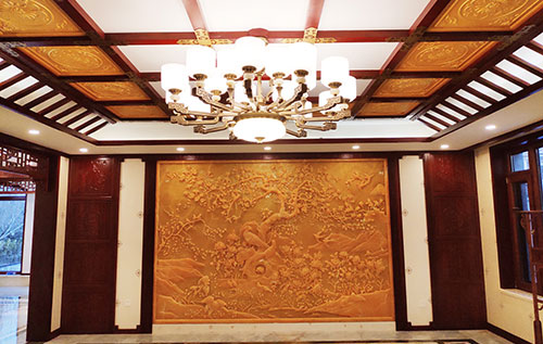 钦南中式别墅客厅中式木作横梁吊顶装饰展示