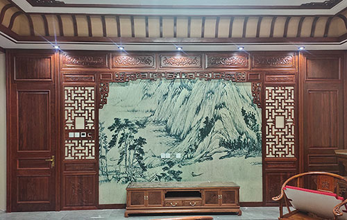 钦南中式仿古别墅客厅背景墙花格木作装饰